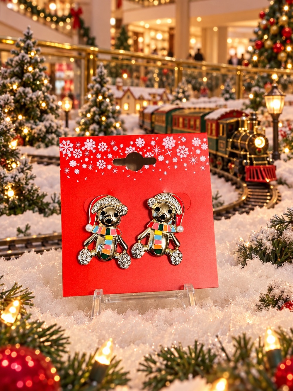 Christmas Teddy Bear Earrings – Gold Tone, Enamel & Rhinestones